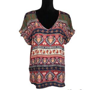 AUW Paisley Multicolor Short Sleeve High Low Top - Size Large